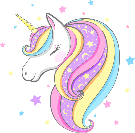 Unicorn with a multi-colored mane and a golden horn in the stars on an isolated background